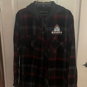Empyre Black & Red Plaid Hooded Button-Up Shirt with Chest Patch